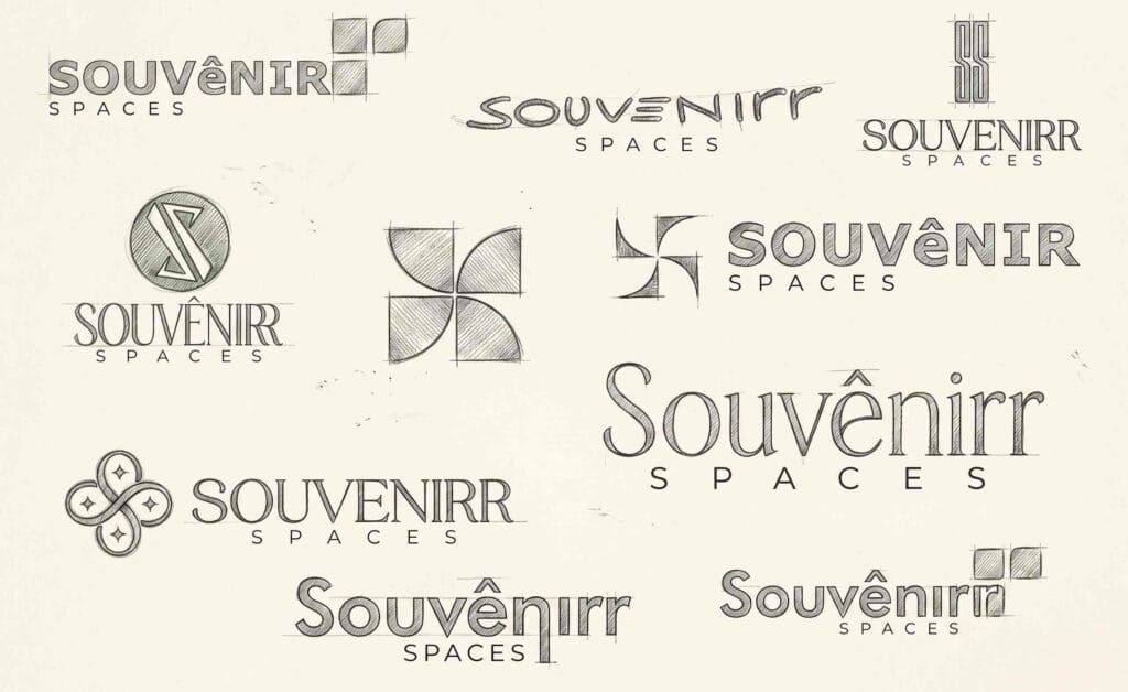 Hand sketches exploring monogram and lettermark directions for Souvenirr Spaces