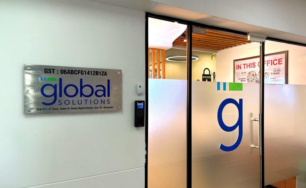 Office branding at the Global Solutions reception, Tower B, Emaar Digital Greens, Gurugram